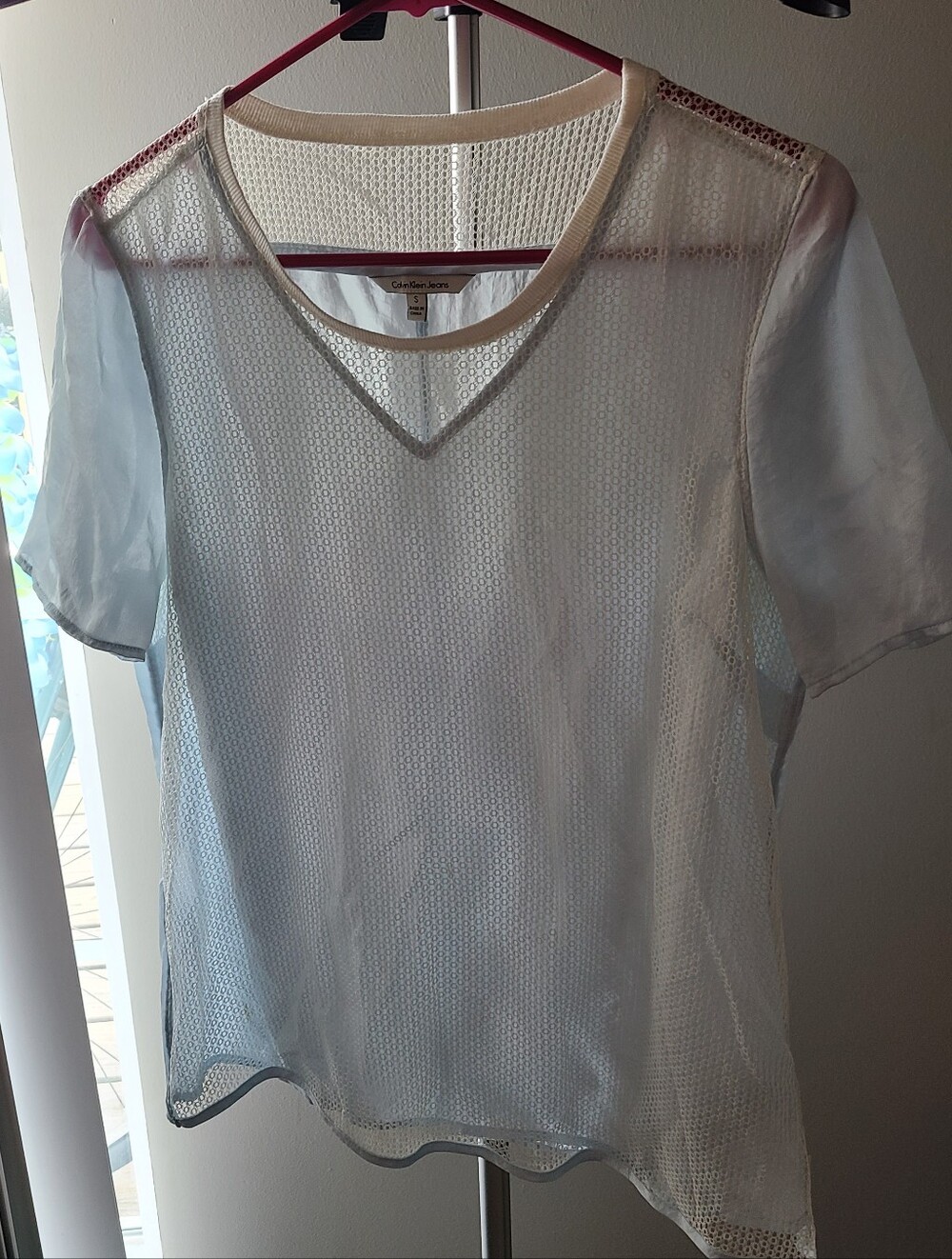 Calvin Klein Jeans Silk Cream White Mesh V-Neck Top